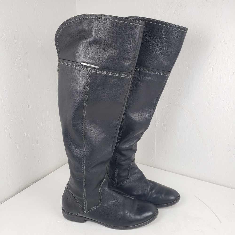 Tamaris Boots Black Leather Over The Knee Flat Riding Full Back Zip Lined Sz 38